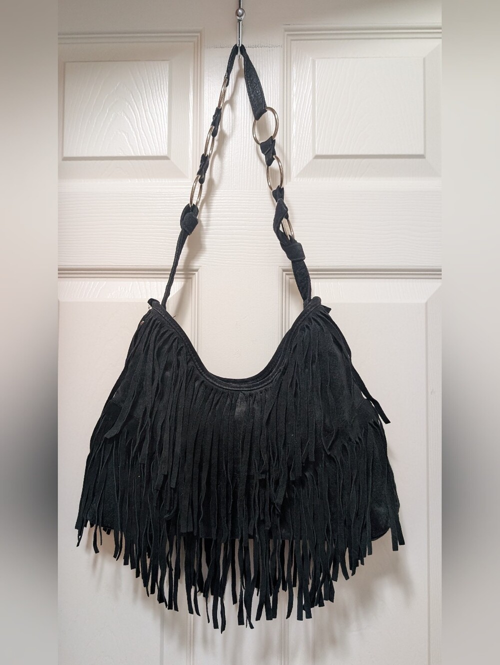 Wilsons Leather Fringe Suede Shoulder Hobo Bag Black Boho Western